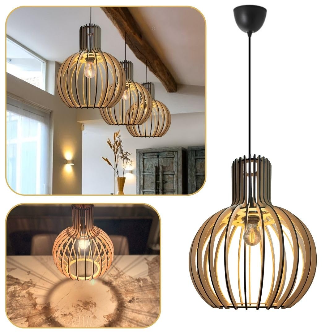Lumeo Creative | Lámpara colgante madera estilo bambú para salón, comedor o dormitorio | Lámpara de madera natural estilo bohemio chic | Lámpara de techo de madera y negro vintage (35 cm)