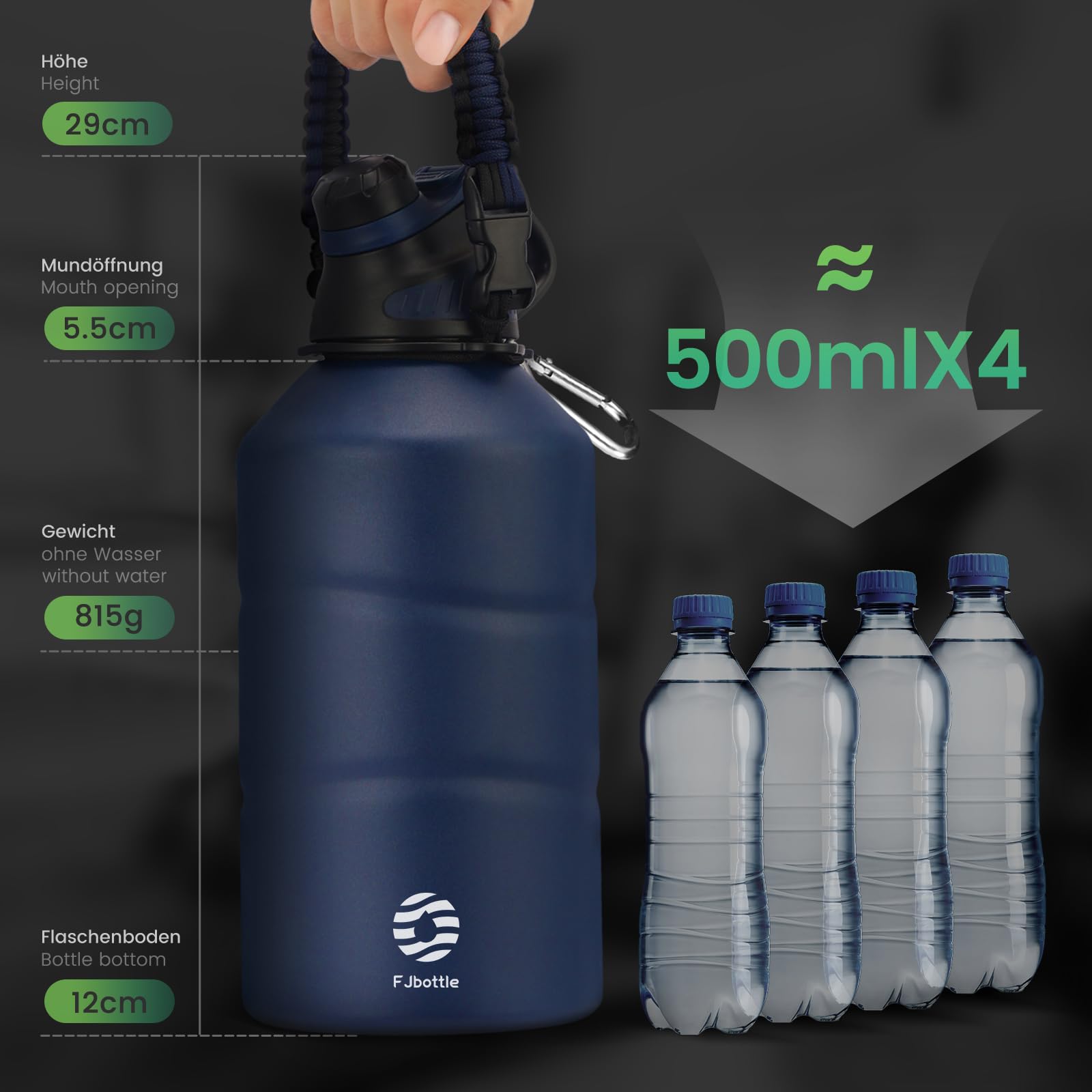 Fjbottle Borraccia Termica Palestra 1900ML - Senza Perdite - Sportiva Bottiglia con tappo magnetico, Borracce acciaio inox Senza BPA per Sport, Campeggio, Yoga