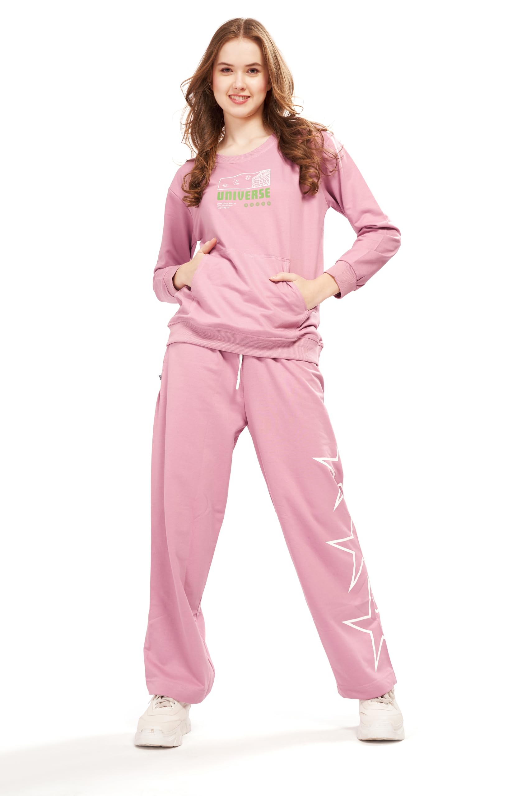 Women Kangaroo Pocket Sweatshirt & Joggers Track Suit Co-ord Set 418-image-42