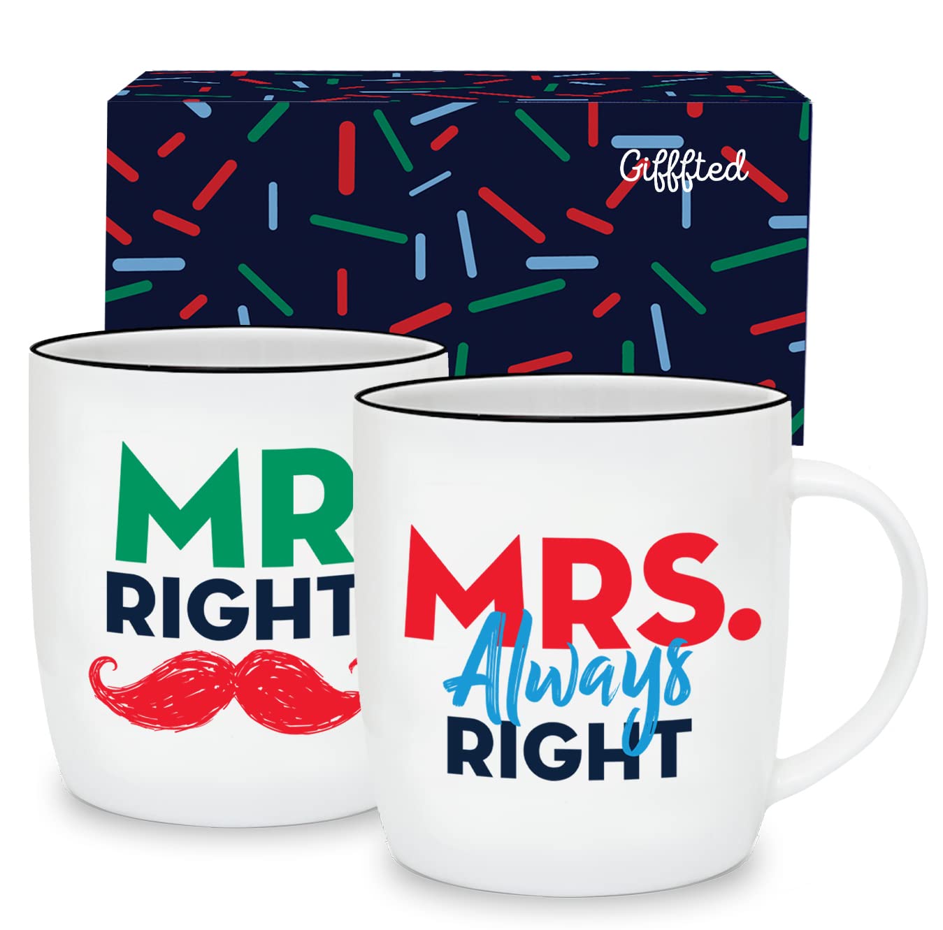 Triple Gifffted Mr Right Mrs Always Right Coffee Mugs Gifts Ideas for Couples, Wedding Anniversary, Engagement, Christmas, His & Hers, Bride and Groom, Parents, Newlyweds Bridal Shower, Ceramic 380ml