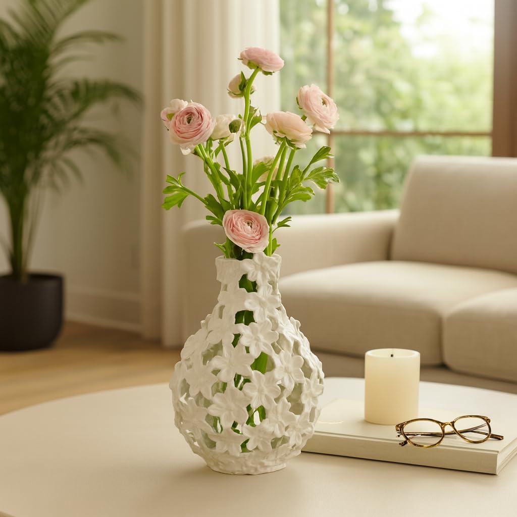 Flower Vase for Living Room Decor – Sleek Metal Vase with Intricate Sculpted Floral Pattern Ideal for Home and Office Decor – A Vase That Blooms All Year for Your Bedroom, Table, and Shelf – 15" Ivory