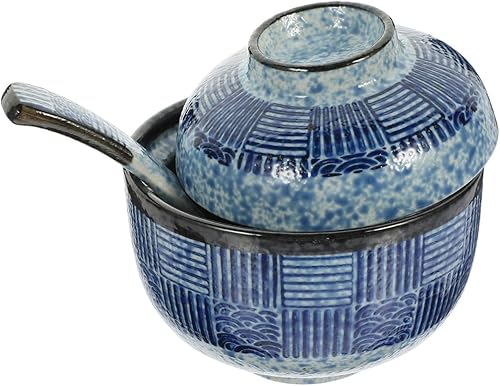 Kichvoe Juego de cuencos de sopa de cerámica japonesa con tapa y cuchara, cuenco de miso/ramen de 4 pulgadas/8.45 onzas para fideos, arroz, cenas
