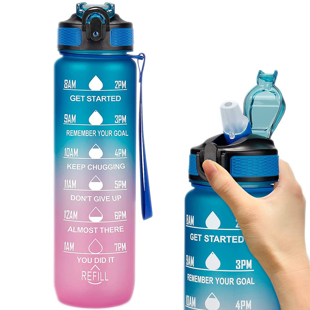BAYINTNAL 32oz Motivational Time Marker Water Bottle with Straw, Light-weight, Leakproof BPA Free, Inspirational 1L Tritan Sports Drinking Jug with Flip Spout Fit in Car Cupholder (C)