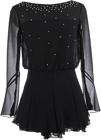 Figure Skating Dress for Girls Long Sleeve Women Competition Dance Outfits with Shiny Rhinestone