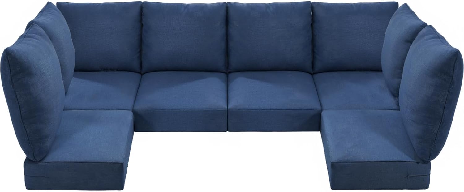 Luxury 24x24x6 Outdoor Seat Cushions for 6-Seat Sectional Sofa Set of 6 - Water-Repellent 14-Piece Patio Cushion Set for Outside Wicker Loveseat Chair L-Shape Couch - Navy Blue/Classic