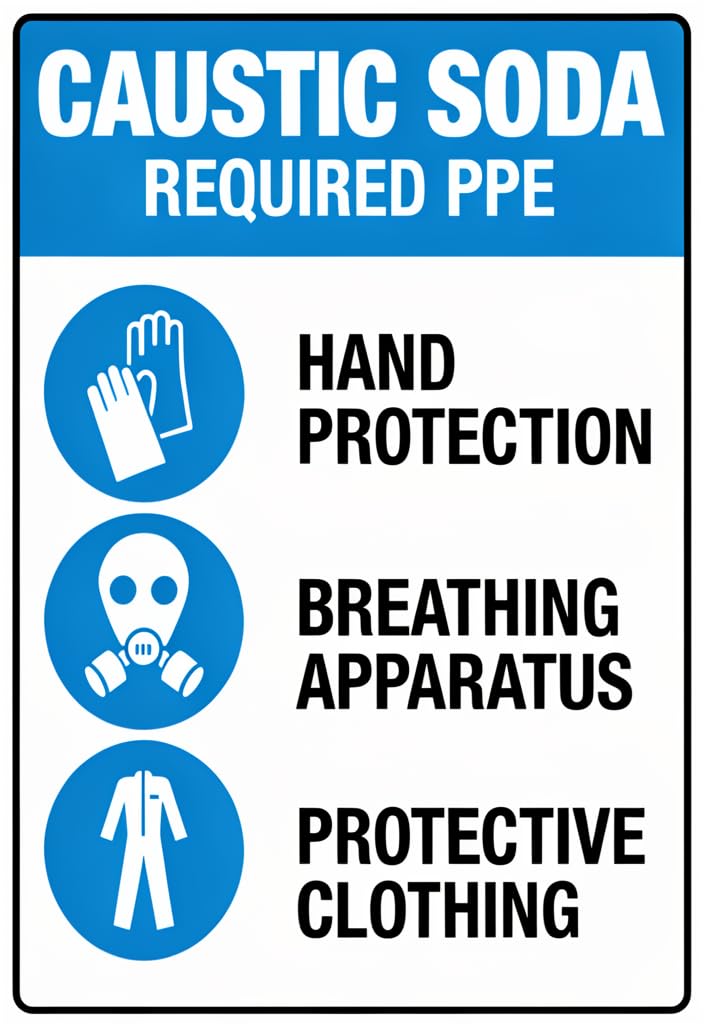 Caustic Soda Required PPE Tin Sign 12x8 Inch Metal Safety Warning Poster – Hand Protection, Breathing Apparatus & Protective Clothing Notice – Industrial Chemical Hazard Wall Decor for Lab, Workshop
