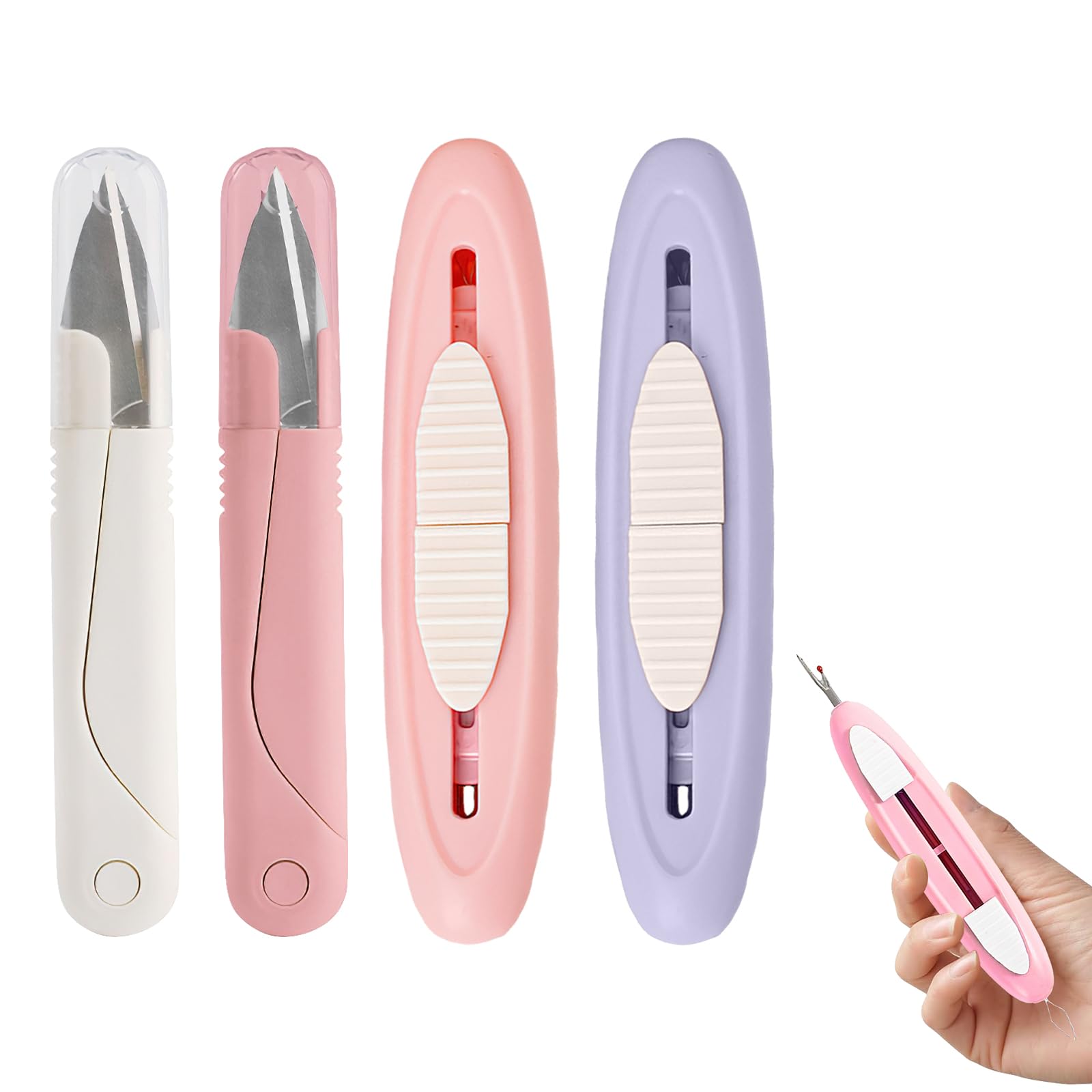 Needle Threaders, 2 Pcs 2 in 1 Needle Threader Seam Ripper +2 Pcs Scissors, Sewing Accessories, Quick Sewing Thread Removal Tools for Needlework DIY Tool Craft Hemlines, Pockets, Sewing