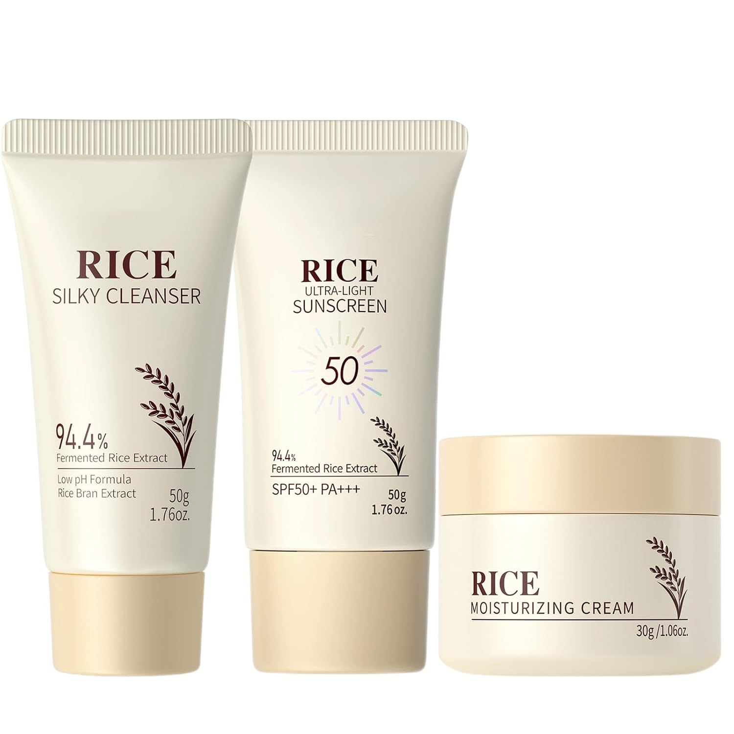Rice Skin Care Set, 3 Step Daily Skincare Kit with Cleanser, Rice Moisturizing Cream, Rice SPF50+ Sunscreen, Hydrating, Oil Control & Skin Barrier Repair for All Skin Types Travel & Daily Use