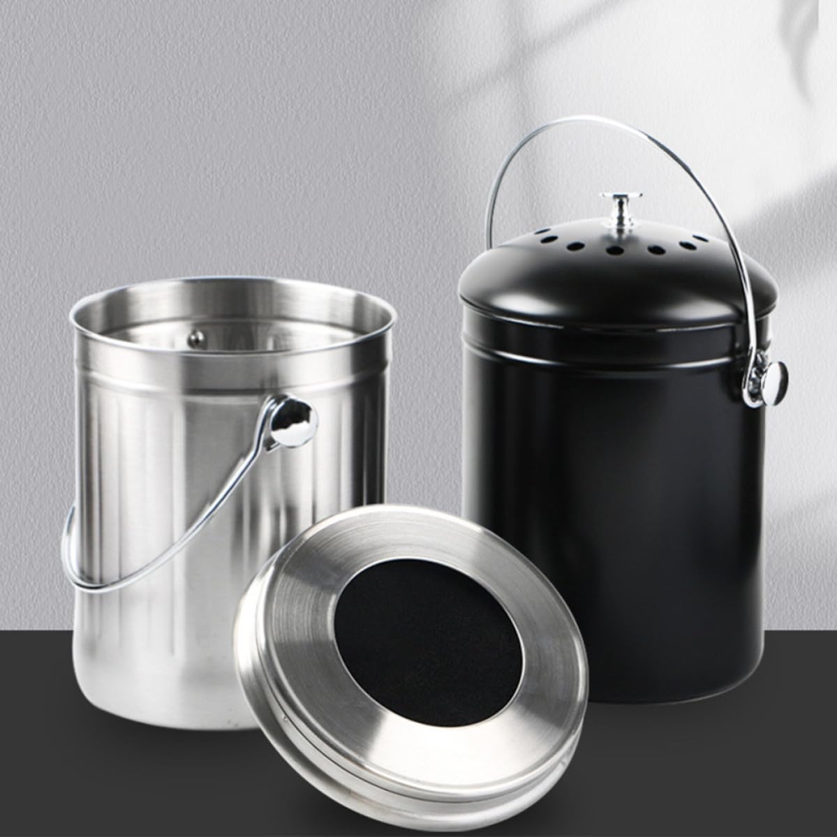 Geruchsdichter Edelstahl Kompostbehälter mit Deckel und Aktivkohlefilter 2,5 Liter für Küchenrecycling und Biomüll Indoor