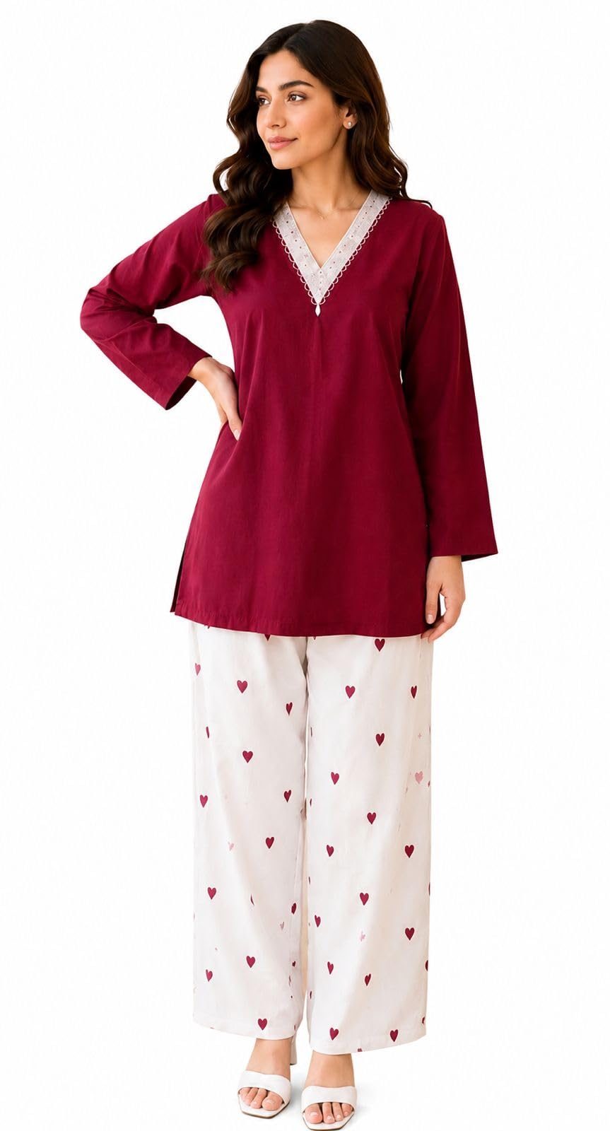 Women’s Cotton Haniya Aamir autfit | Full Sleeve V-Neck with Printed Pajama | Soft & Comfortable Lounge Wear Co-Ord Set for Women-image-11