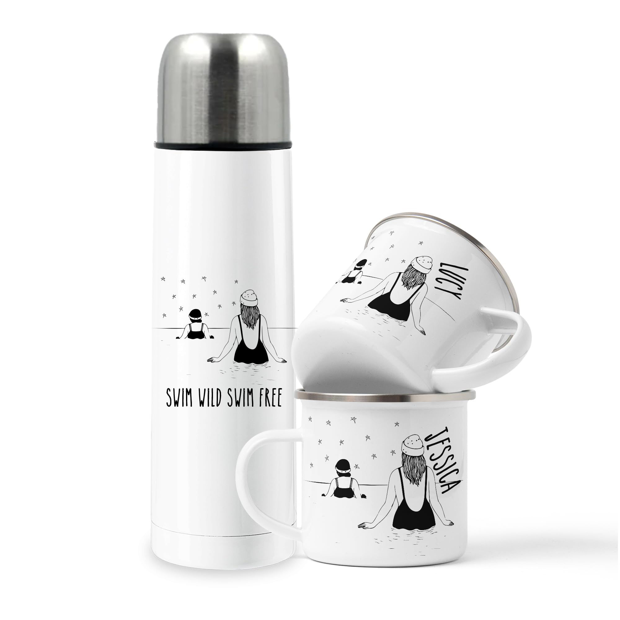 Wild Swimmer Flask and Mug Set - Personalised Swimming Gift, Wild Sea Swimming, Sea Swimming Accessories, Cold Water Swimming Essentials, Girl Gift, Friends Swimming