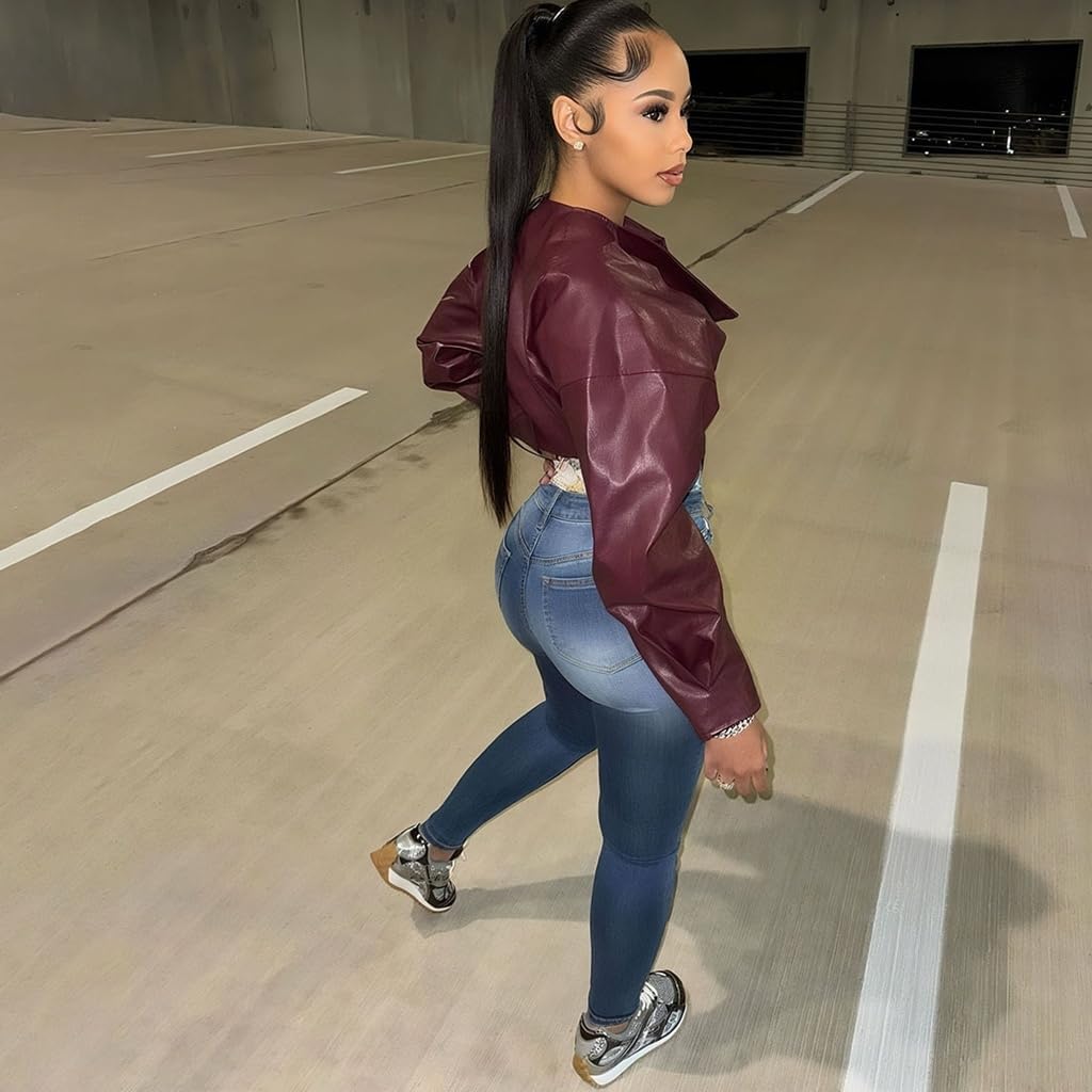Cropped Jacket Women Faux Leather Irregular Hem Lapel Long Sleeve Burgundy Cropped Leather Bomber Jacket Women 2026 - Image 6