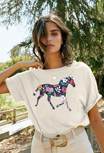 Horse Shirt Women Floral Horse Graphic T-Shirt Horse Lover Gift Tee Cowgirl Western Short Sleeve Top Beige #TOP3