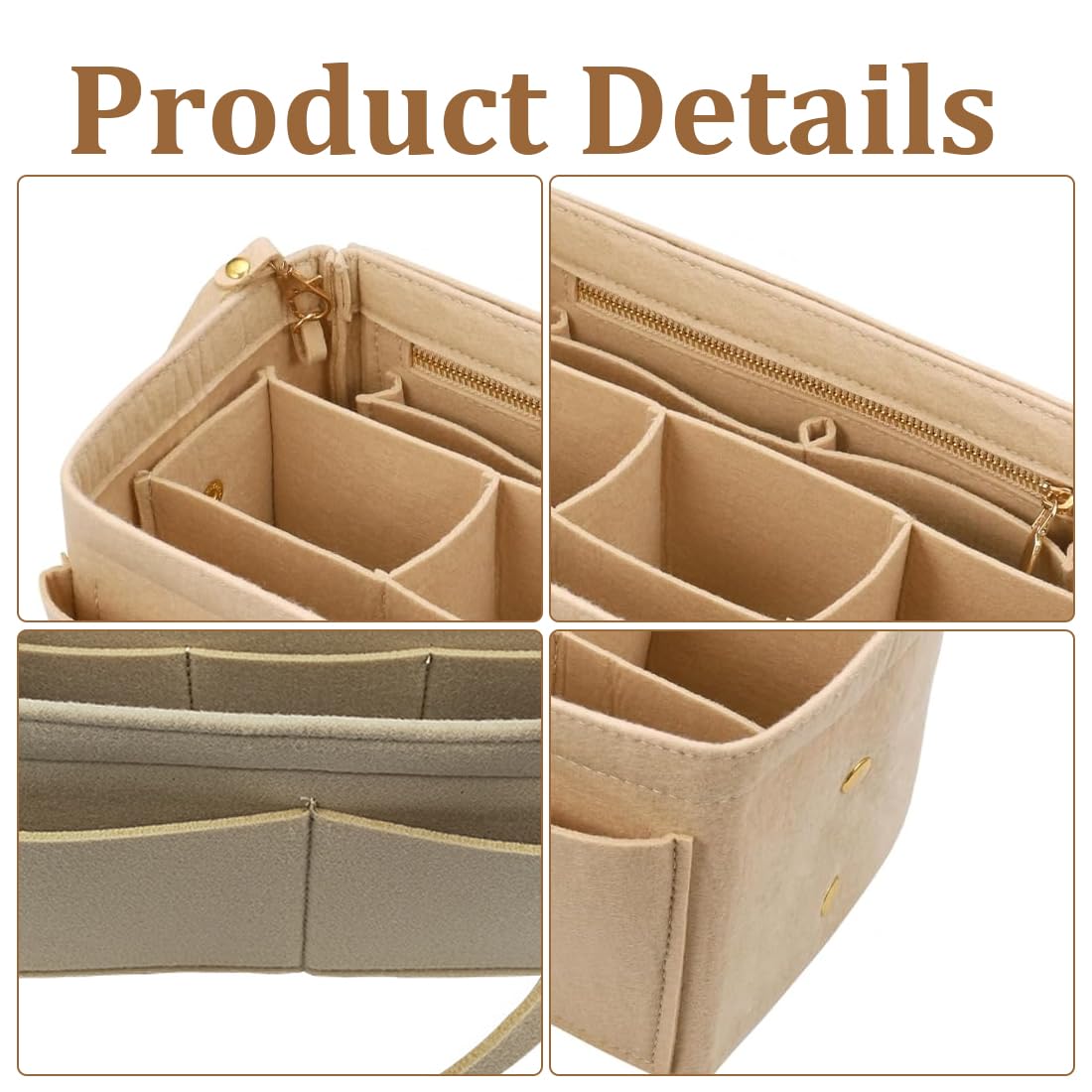 Organizador De Fieltro Para Bolso - 27x16x16 Cm, Compartimentos Con Cremallera, Para Cosméticos Y Objetos Pequeños