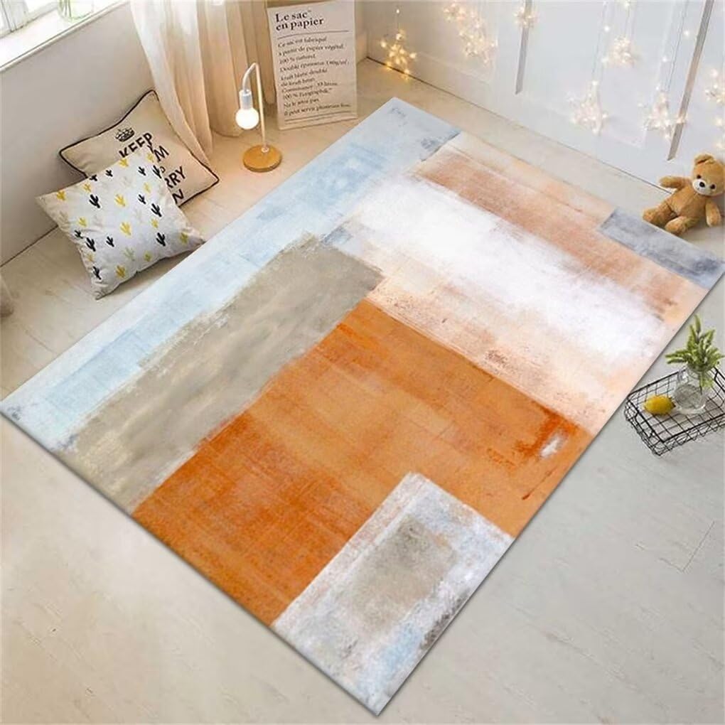 Tapis 80x150CM abstrait bleu et orange lavable pour couloir et salon