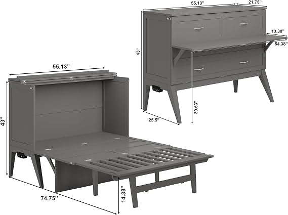 AFI, Northampton Full Murphy Bed Desk with Memory Foam 6 Mattress, Grey
