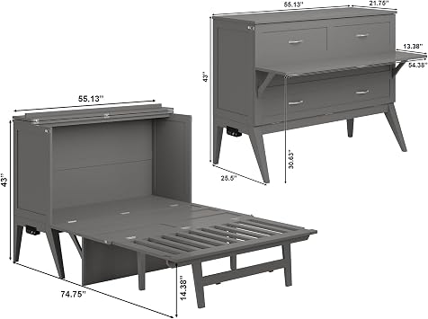 AFI, Northampton Full Murphy Bed Desk with Memory Foam 6 Mattress, Grey
