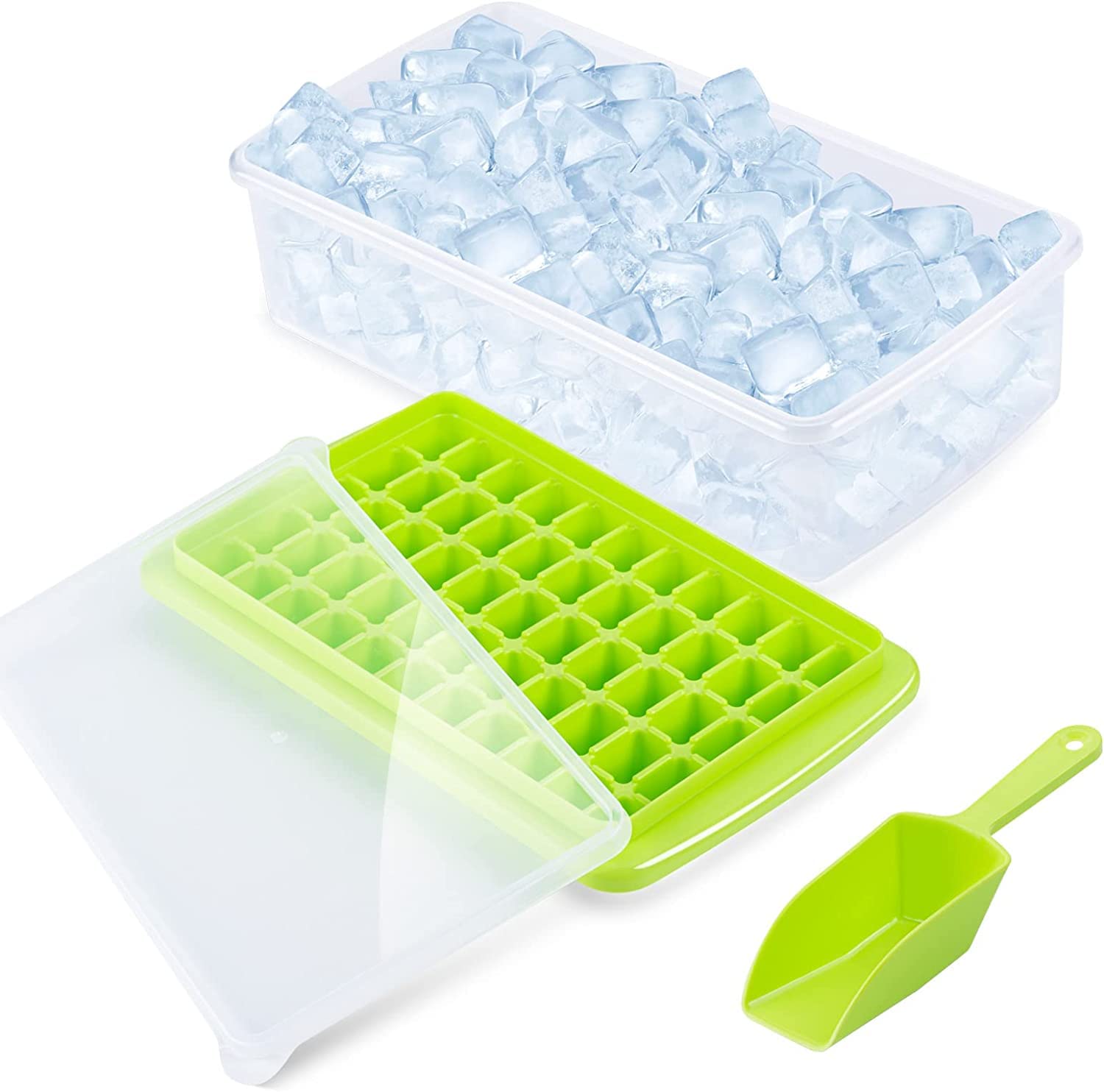 Ice CubeTray with Lid and Storage Ninonly Ice Trays for Freezer Comes with Ice Container and Scoop 55 Cavities Easier Released Silicone Ice Storage Bin for Cocktail, Whiskey, Coffee (Green)