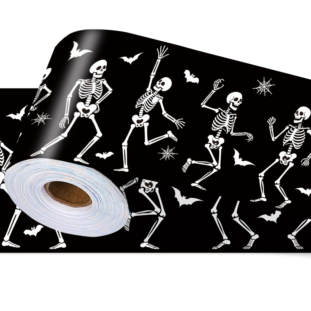 PRESSINART Halloween Wallpaper Border Peel and Stick 196.9 x 3.9 Inch Wall Border Trim Skeleton PVC Decorative Molding Mirror Frame Decals for Bathroom Backsplash Home Office Party Door Decorations