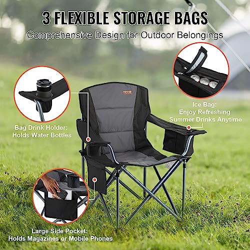 Image of VEVOR Oversized Camping Folding Chair, Portable Heavy Duty Outdoor Quad Lumbar Back Padded with Side Pockets, Cup Holder and Cooler Bag for Beach, Lawn, Picnic, Fishing, Backpacking, Black