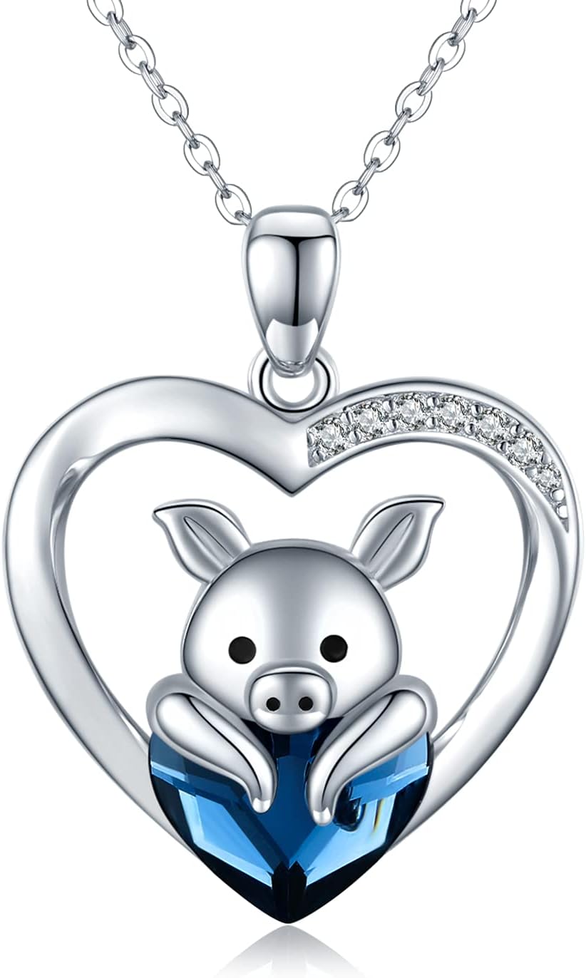 Pig Necklace Gift 925 Sterling Silver Piggy Pendant Necklace with Blue Crystal Jewelry for Women Girls Birthday