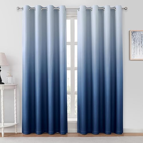 HOMEIDEAS Navy Blue Ombre Blackout Curtains 52 X 84 Inch Length Gradient Room Darkening Thermal Insulated Energy Saving Grommet 2 Panels Window Drapes for Living Room/Bedroom
