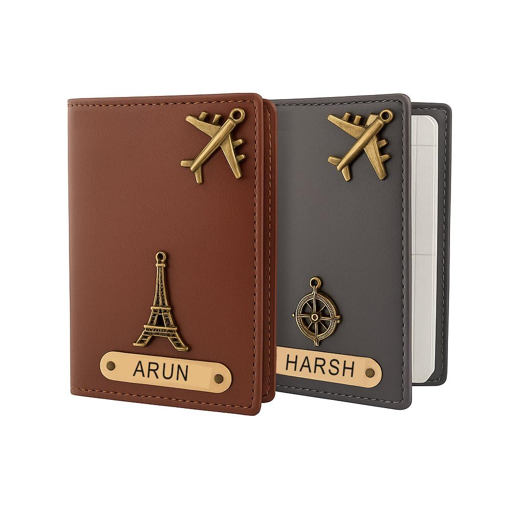 Customized Passport Cover Combo – Vegan Leather Travel Wallets with Name & Charm | Personalized Gift for Couples, Anniversary & Travel Lovers P08 (Set of 2)