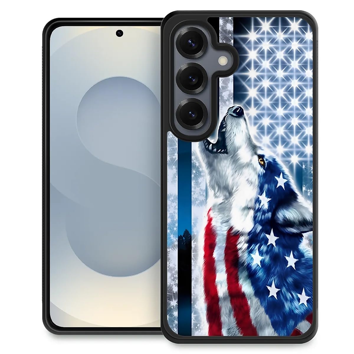 Pinsheng Case Compatible with Samsung Galaxy S25,Snow Wolf American Flag Phone Covers for Men/Women,Anti-Skid Soft Silicone Shockproof Protective Case