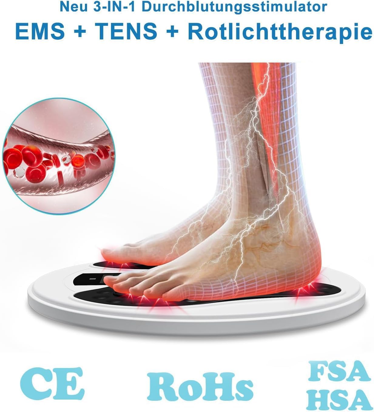 EMS & TENS Fußmassagegerät mit 660nm + 850nm Rotlichttherapie, Durchblutungs-Stimulator für Beine und Füße, Elektrische Fußmassage mit 4 Pads, 10 Modi & 20 Intensitätsstufen