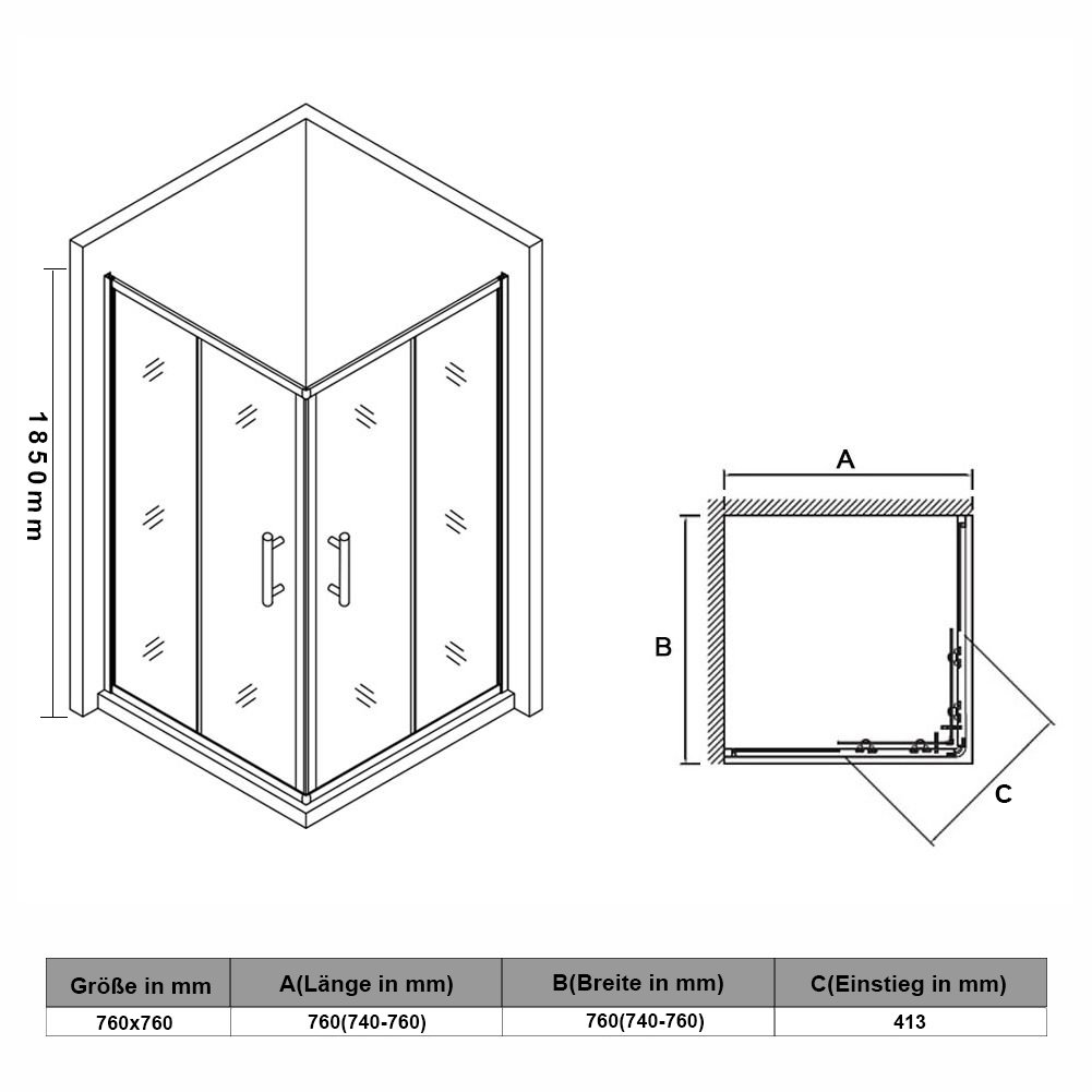 SONNI Cabine de douche d'entrée d'angle 76 x 76 x 195 cm, portes coulissantes, verre trempé de 5 mm, noir | Douche d'angle moderne avec profilés noirs, poignée en H et portes coulissantes pour une utilisation confortable.