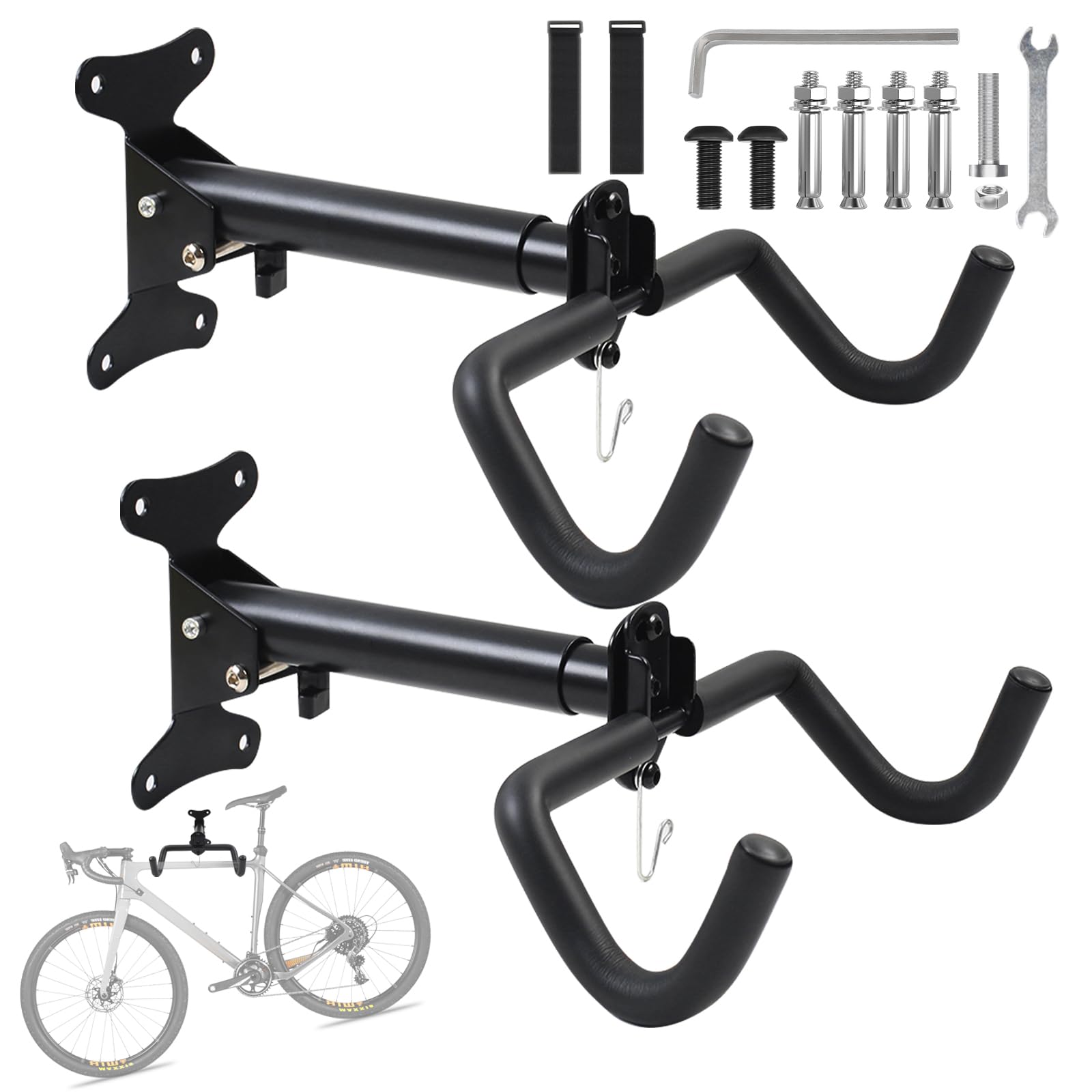 YedZen Bike Wall Mount, Adjustable Distance Bicycle Wall Mounted with Helmet Hook and Anti-Slip Padded, Foldable Bike Rack