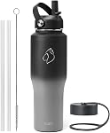 BUZIO 32oz Stainless Steel Water Bottle Tumbler, Vacuum Insulated Travel Flask with Straw Lid and Flex Cap, Cold for 48 Hrs Hot for 24 Hrs Fits in Any Car Cup Holder Bottle Thermo Canteen Mug,Black