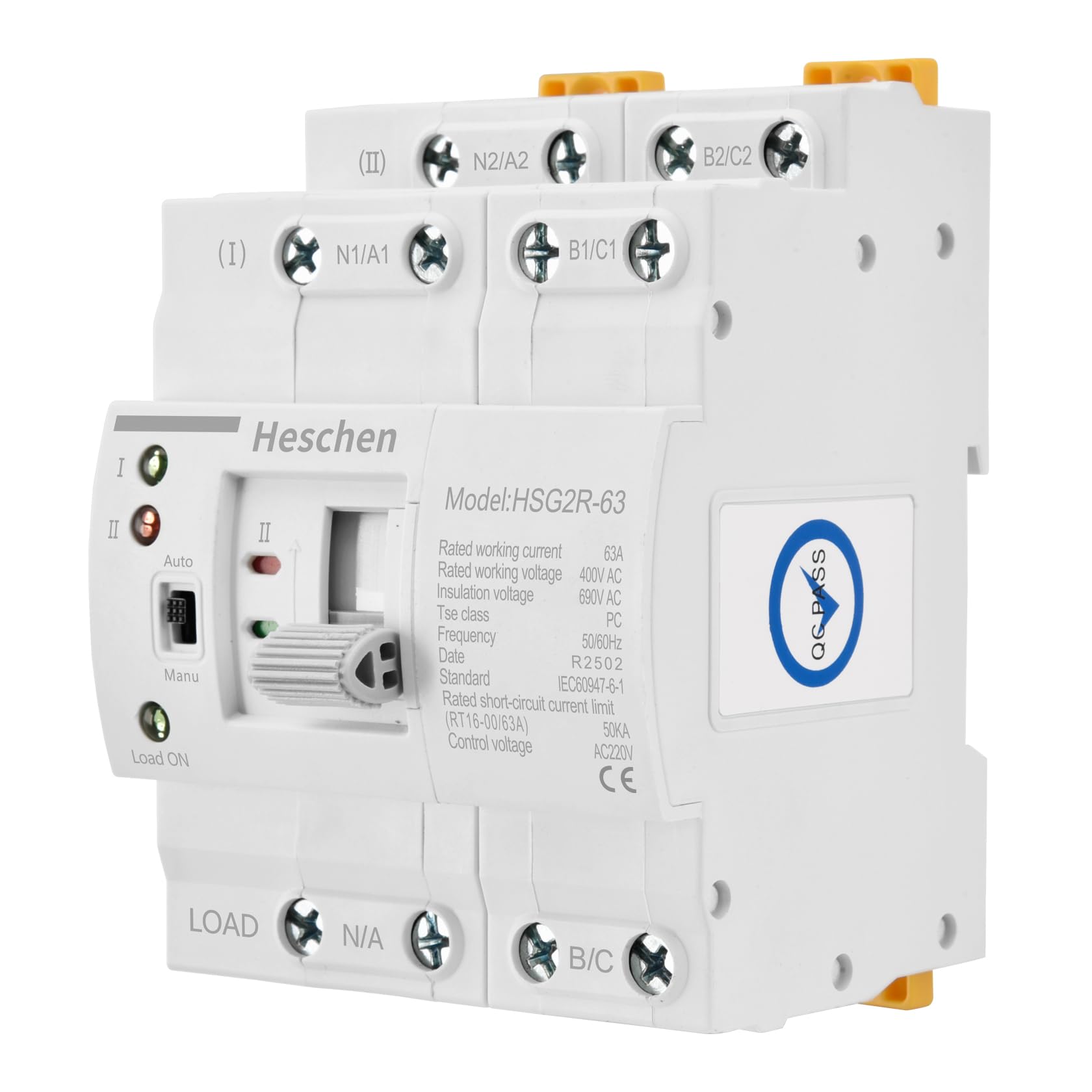 Heschen ATS Dual Power Interruptor de transferencia automática, HSG2R-63, 63 A 400 VAC, clase PC, control de alimentación, interruptor de transferencia ininterrumpido, montaje en carril DIN de 35 mm