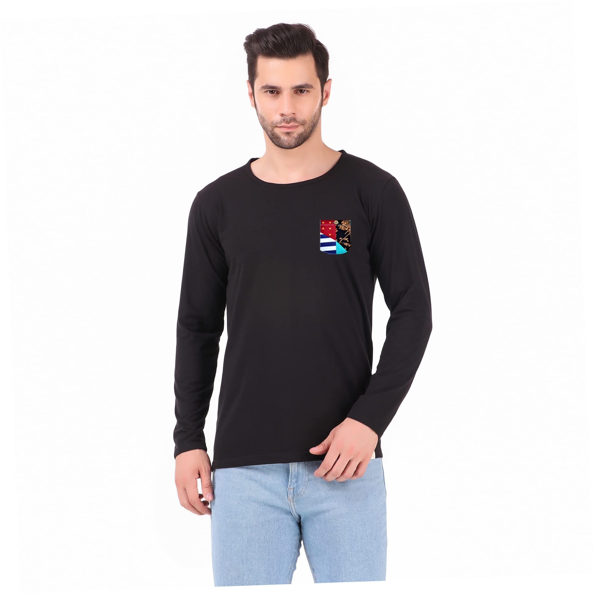 PAPER CRANE 100% Cotton Men's Full Sleeve Tshirt with Printed Pocket, Round Neck, Casual