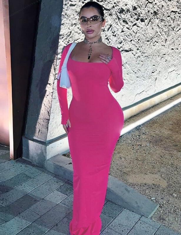 Vestito Donna Maniche Lunghe Aderente Abito Lungo con Scollo Quadrato Sexy Tinta Unita Bodycon Maxi Vestito Elasticizzato Abito da Cocktai per Feste e Cerimonie Discoteca