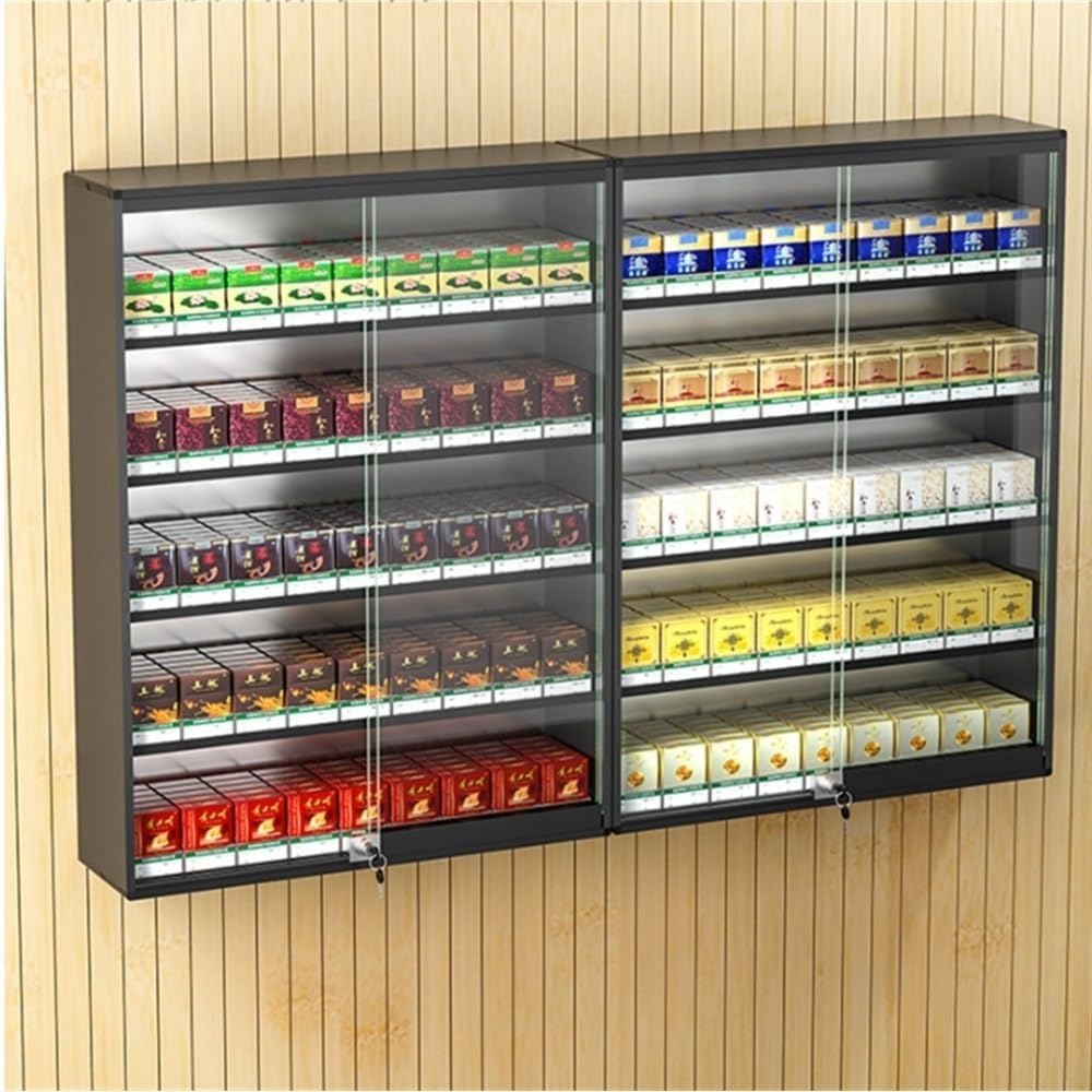 Shelves, Wall Mounted Cigarette Display Cabinet Cigarette Rack with Tempered Glass Door Lockable Cigarette Display Holder for Store Retail(29.3 * 6.8 * 41.3in)