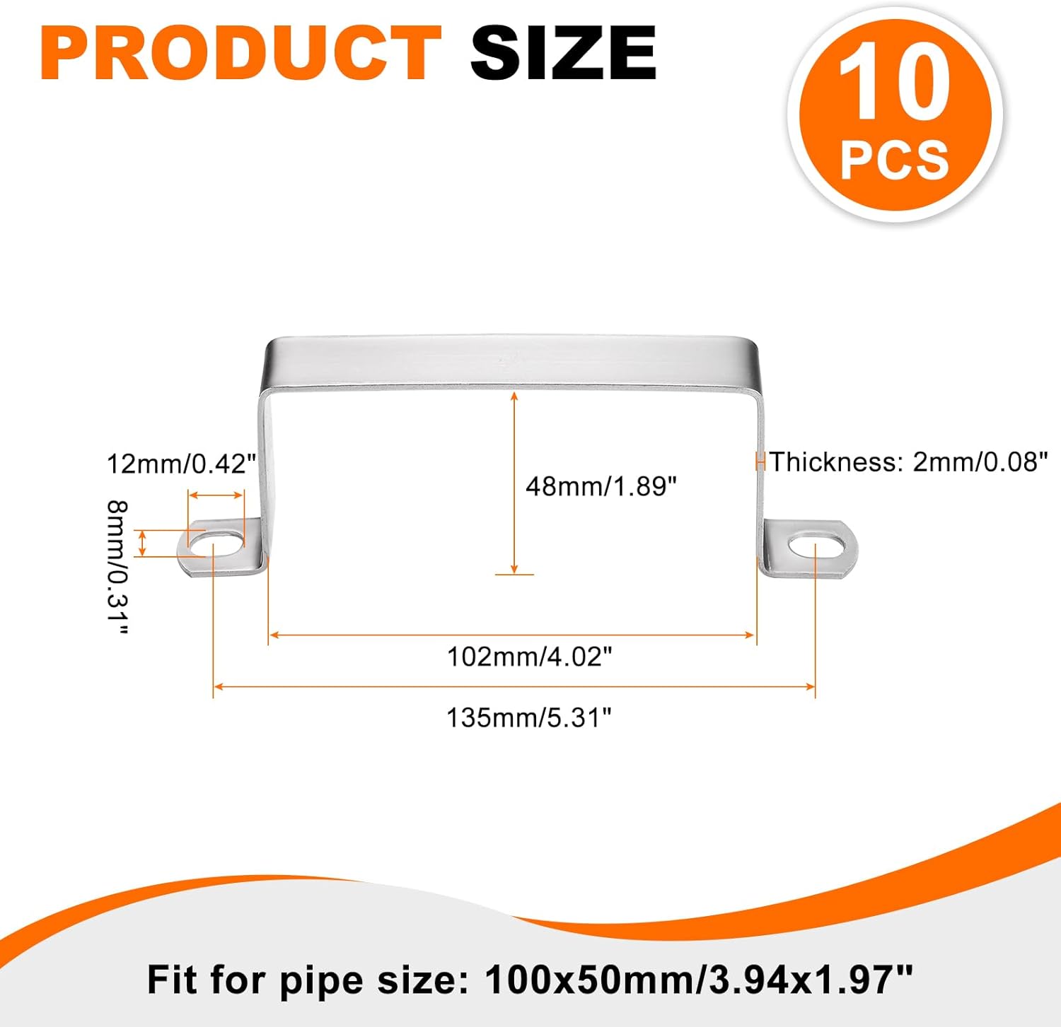 HARFINGTON 10pcs Square Pipe Clamp 100x50mm 304 Stainless Steel Square Tube Buckle U Shaped Tube Clamp Strut Connector for Pipe Hose Cable, Silver