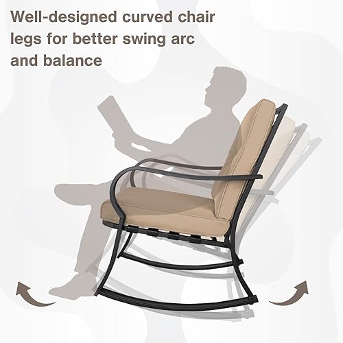 Miniatura 5 de Mecedoras para exteriores de 3 piezas, juego de muebles de bistró para patio, 2 sillas mecedoras de acero negro con cojín y mesa de centro de