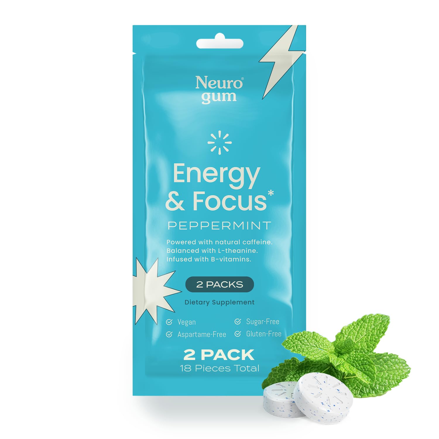 NeuroGum Energy Caffeine Gum (18 Pieces) - Sugar Free with L-theanine + Natural Caffeine + Vitamin B12 & B6 - Nootropic Energy & Focus Supplement for Women & Men - Keto & Vegan, Peppermint Flavor