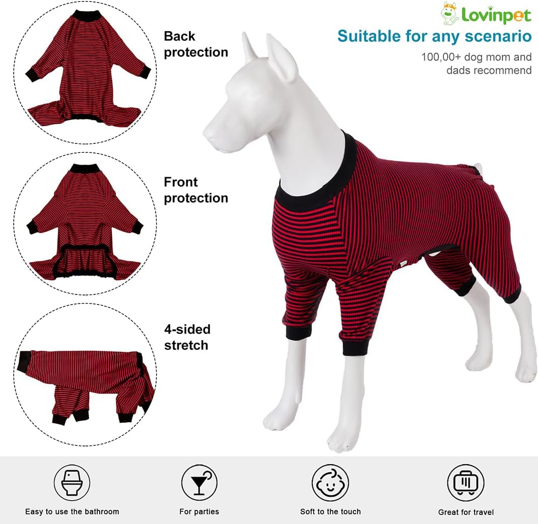 LovinPet Large Dogs PJS Clothes, Pure Cotton Red and Black Stripe Dog Shirt, 4-Legged Design, Full Body Coverage, Pajamas for Pitbulls, Large Breed Dog PJS, Onesies for Dogs,L