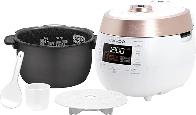 Cuckoo CRP-RT0609FW 6 cup Twin Pressure Plate Rice Cooker & Warmer with High Heat, GABA, Mixed, Scorched, Turbo, Porridge, Baby Food, Steam (Hi/NonPress.) and more, Made in Korea (White)