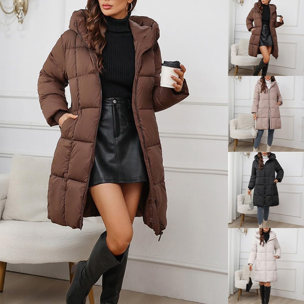 Piumino lungo da donna con cappuccio, parka invernale spesso e caldo, giacca imbottita con doppia cerniera, abbigliamento casual, per uso quotidiano nero bianco kaki marrone