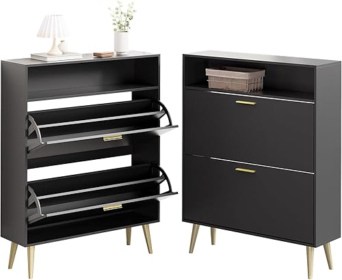 Miniatura 9 de LYNSOM Juego de 2 zapateros, organizador de zapatos con 2 cajones abatibles, moderno almacenamiento de zapatos de entrada con pantalla superior,