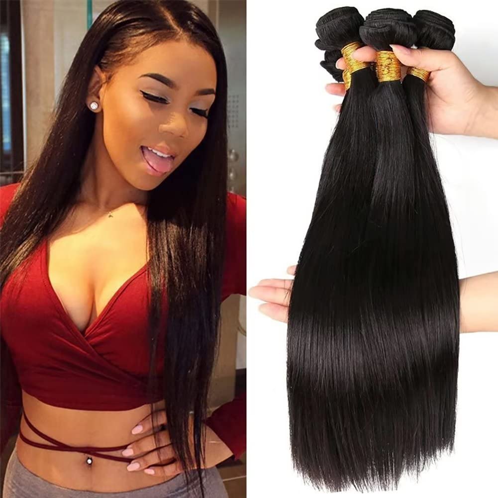 Straight Hair Bundles Human Hair Brazilian Virgin Hair Bundles Double Weft Weave Bundles Human Hair Natural Black Color Can be Dyed 3 Bundles Total 300g 8 10 12 Inch