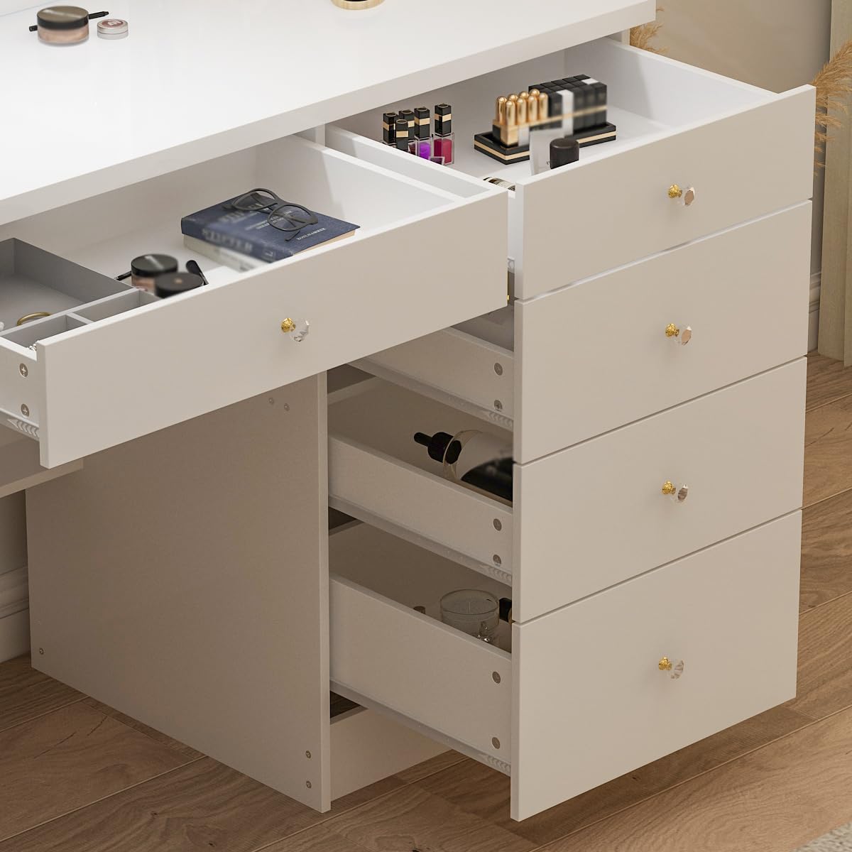 Makeup Vanity Desk with Lights and Sliding Mirror, Makeup Table Set with 3 Colors LED Light, 5 Drawers, Shelves & Stool, White Dressing Table Girls Vanity Desk for Bedroom