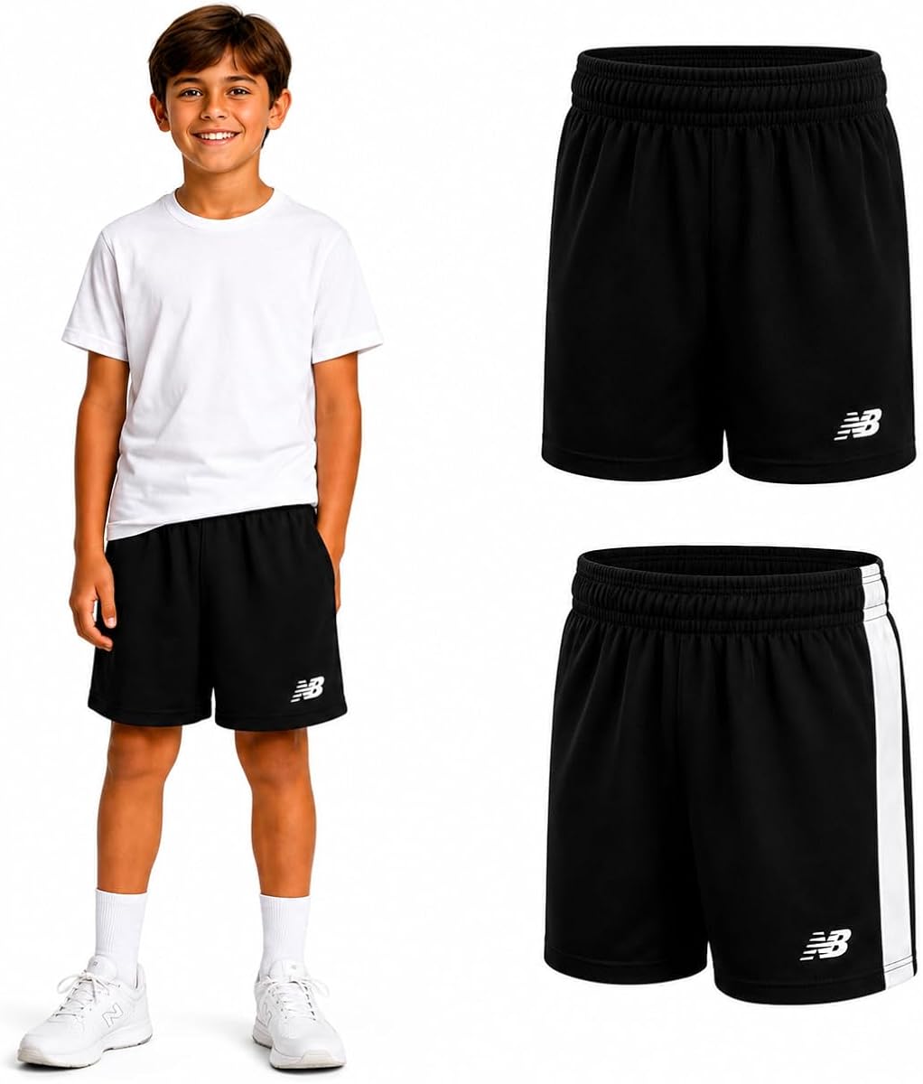 Pack de 2 pantalones cortos de baloncesto con malla que absorbe la humedad New Balance para niño, tallas 8-20 | Acabado de secado rápido que lo mantiene fresco, bolsillo lateral con teléfono o aperitivos, cintura fija, corte atlético relajado