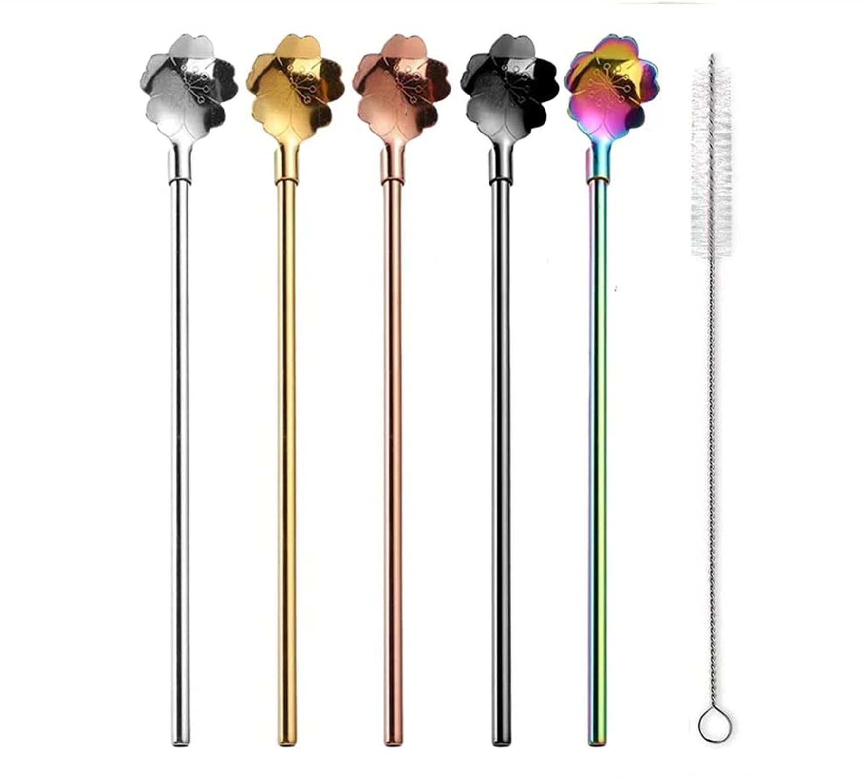 Whaton Black,Silver Pack Of 5 Stainless Steel Straws Reusable, 2 In 1 Metal Spoon Straws Suitable For Smoothies, Milkshakes, Cocktails, Coffee Fruit