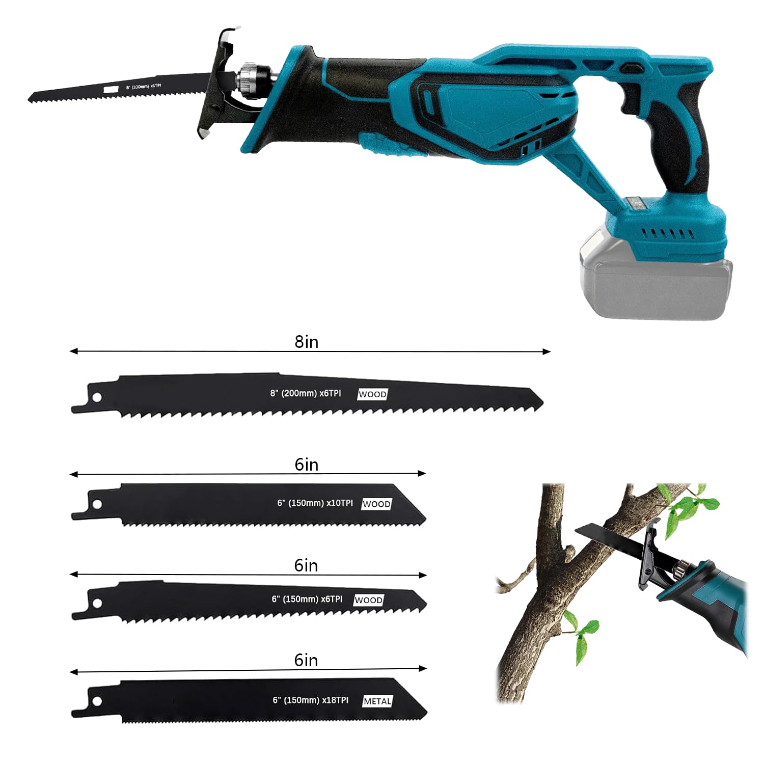 Sierra de sable inalámbrica compatible con batería Makita de 18 V, sierra de sable inalámbrica para serrar madera/acero con 4 hojas de sierra sable, gafas protectoras y guantes (sin batería/sin