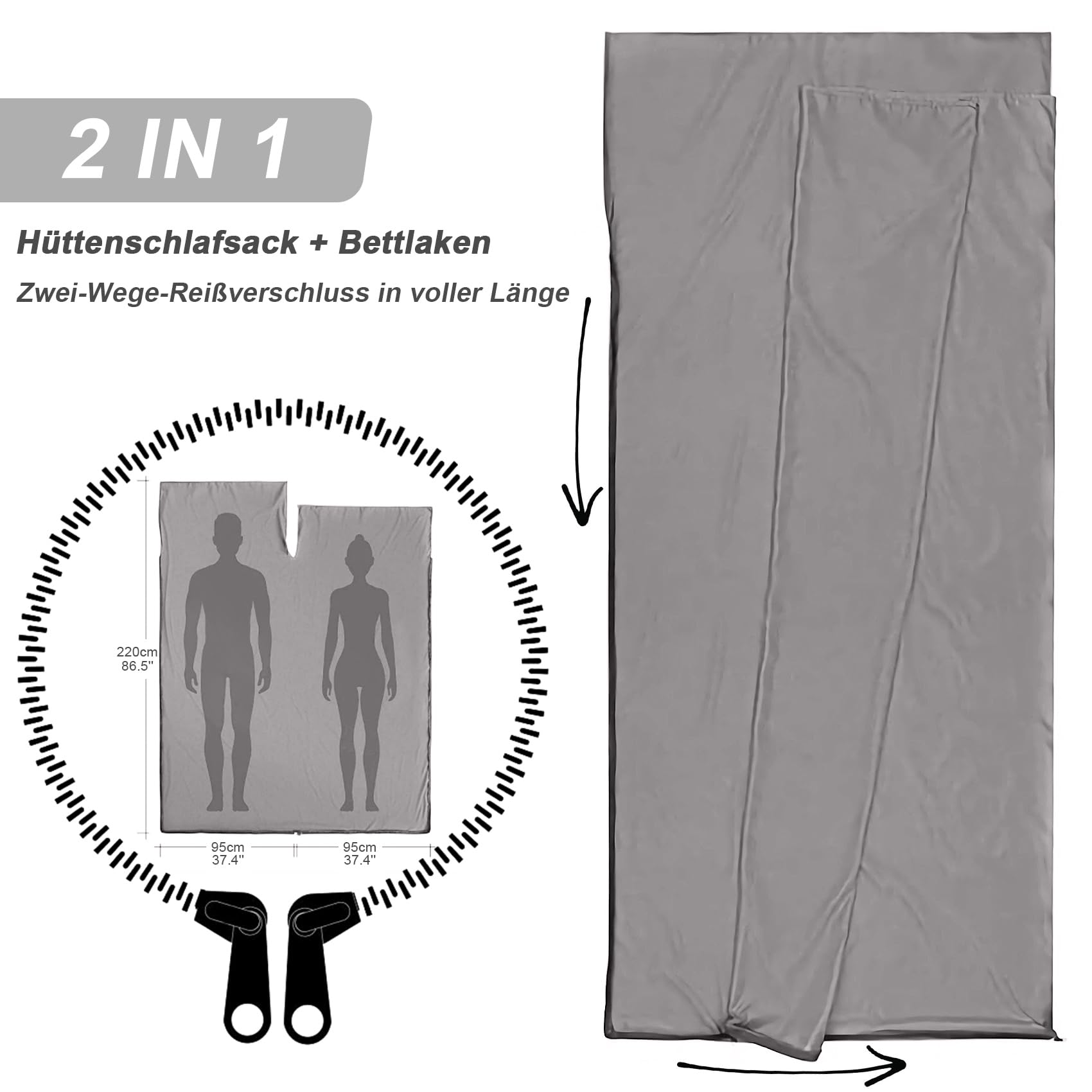 Sac à Viande 100% Coton – Draps de Sac de Couchage et Compact XL 220 x 95 cm – Respirant, Idéal pour Randonnée, Auberges et Camping