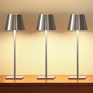 UME 3 Pack Cordless Table Lamp, Battery Operated Lamp - Portable Waterproof Rechargeable Table Lamp w/ 3 Color Temps & Stepless Dimming for Dinner, Desk, Cafe, Outdoor (Brushed Silver)